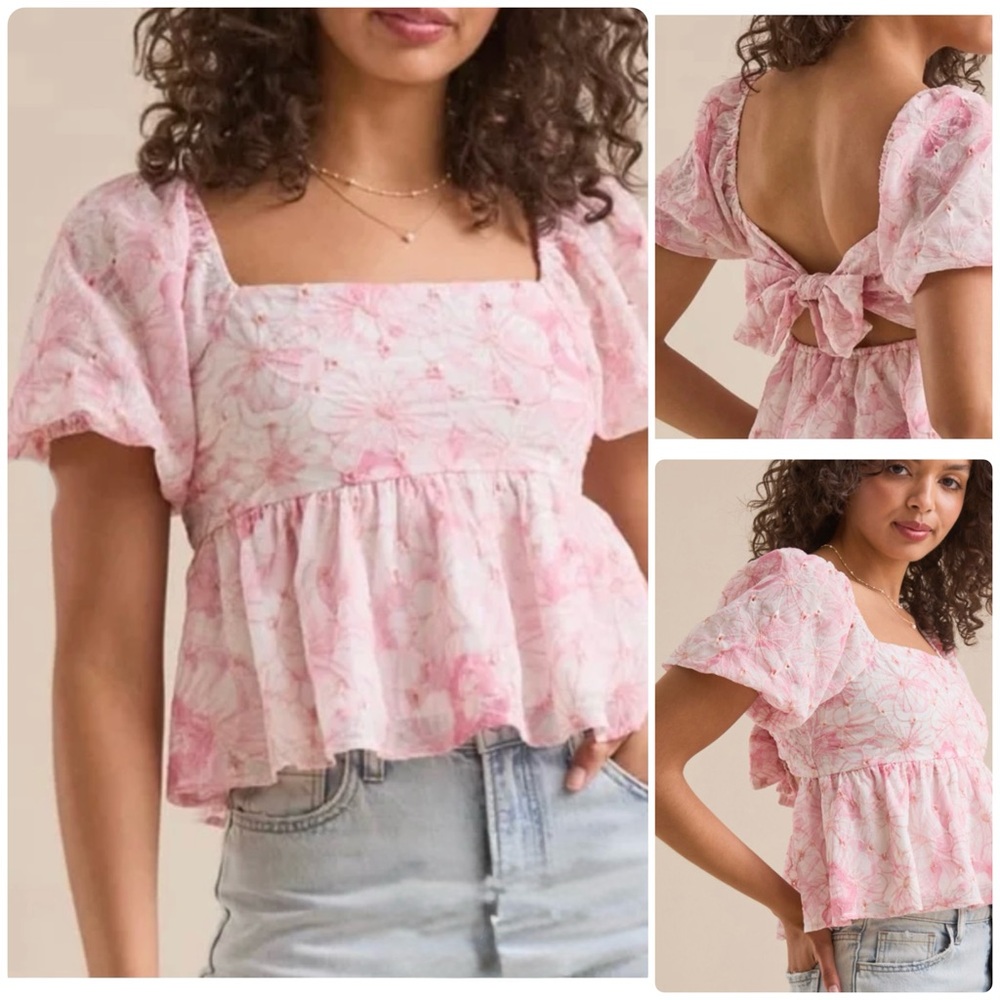 Altar'd State Pink White Floral Square-Neck Puff Sleeve Top